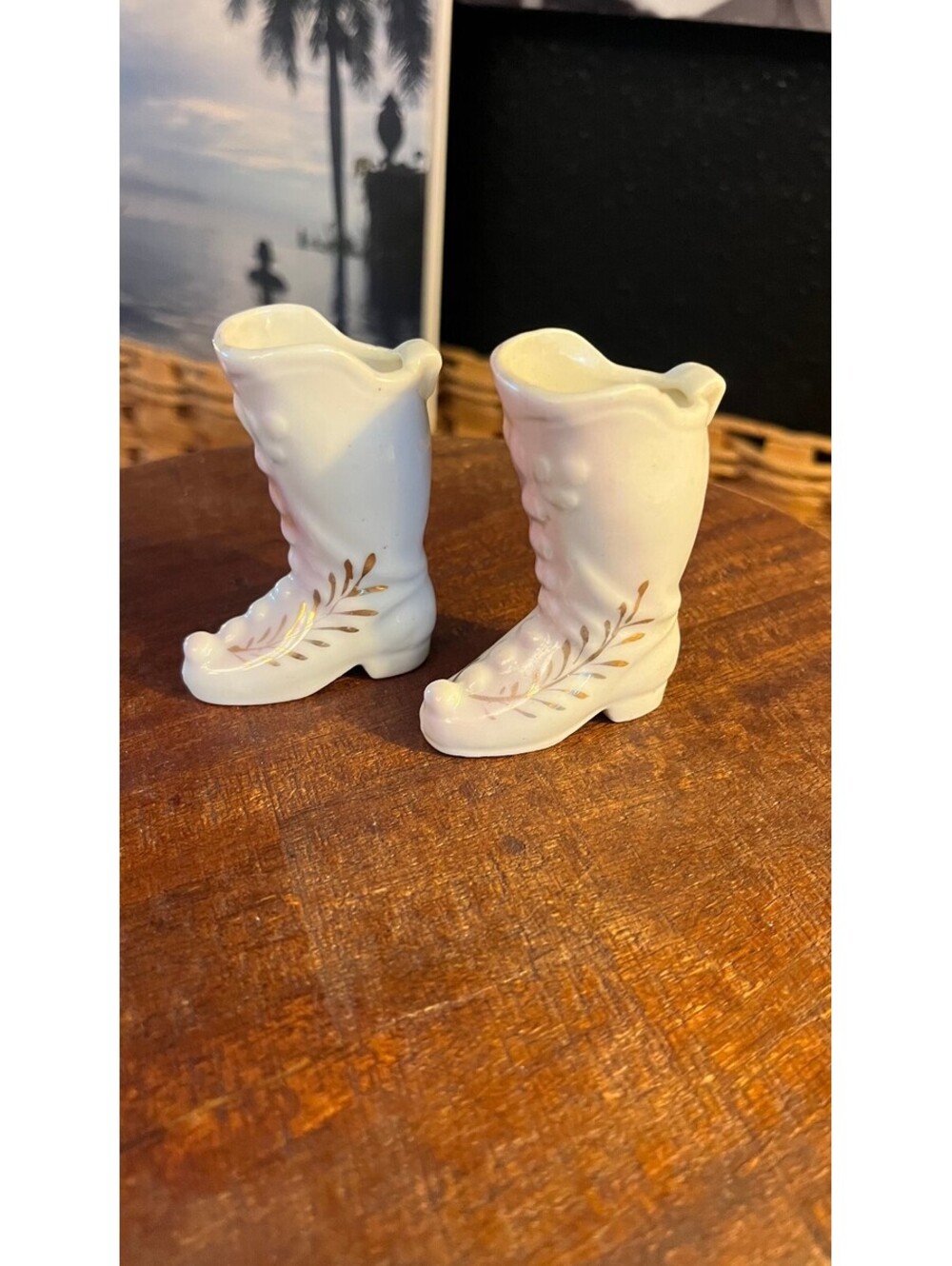 Vintage Porcelain Boot Bud Vase Pair White Gold Leaf Victorian Style Miniature